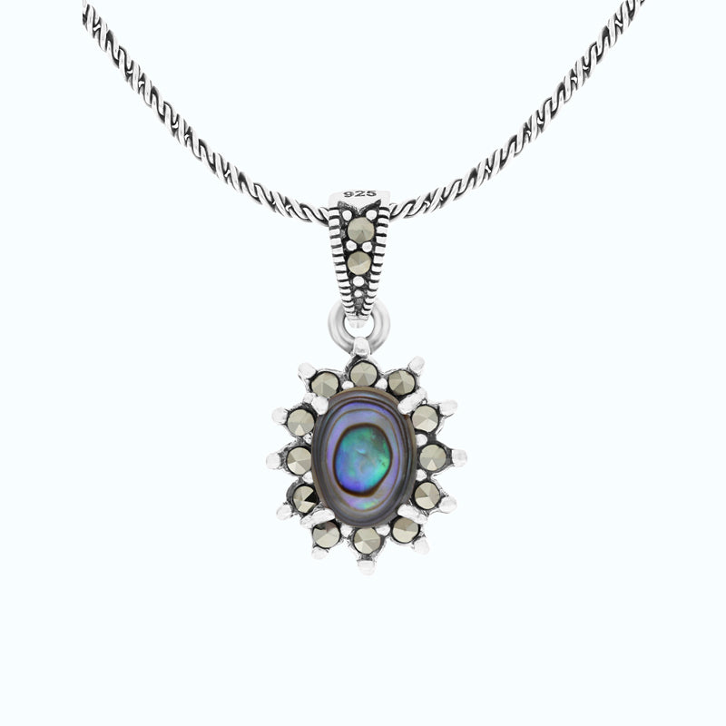 Sterling Silver 925 Pendant Embedded With Natural Blue Shell And Marcasite Stones