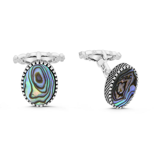 Sterling Silver 925 Cufflink Rhodium And Black Plated Embedded With Blue Shell