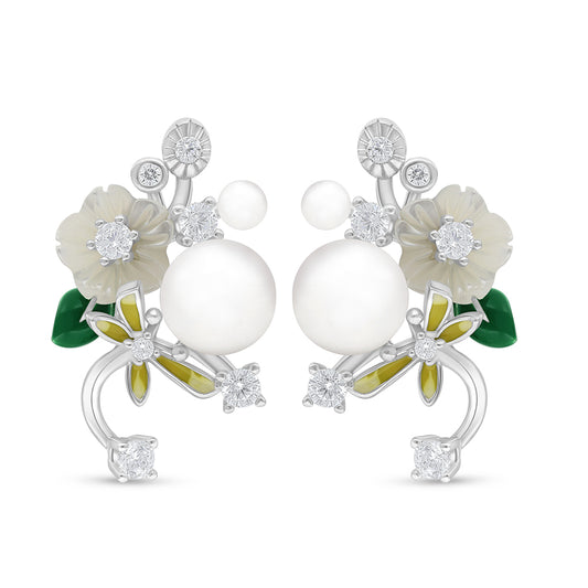 Sterling Silver 925 Earring Rhodium Plated Embedded With Natural White Pearl And White Shell And White Zircon