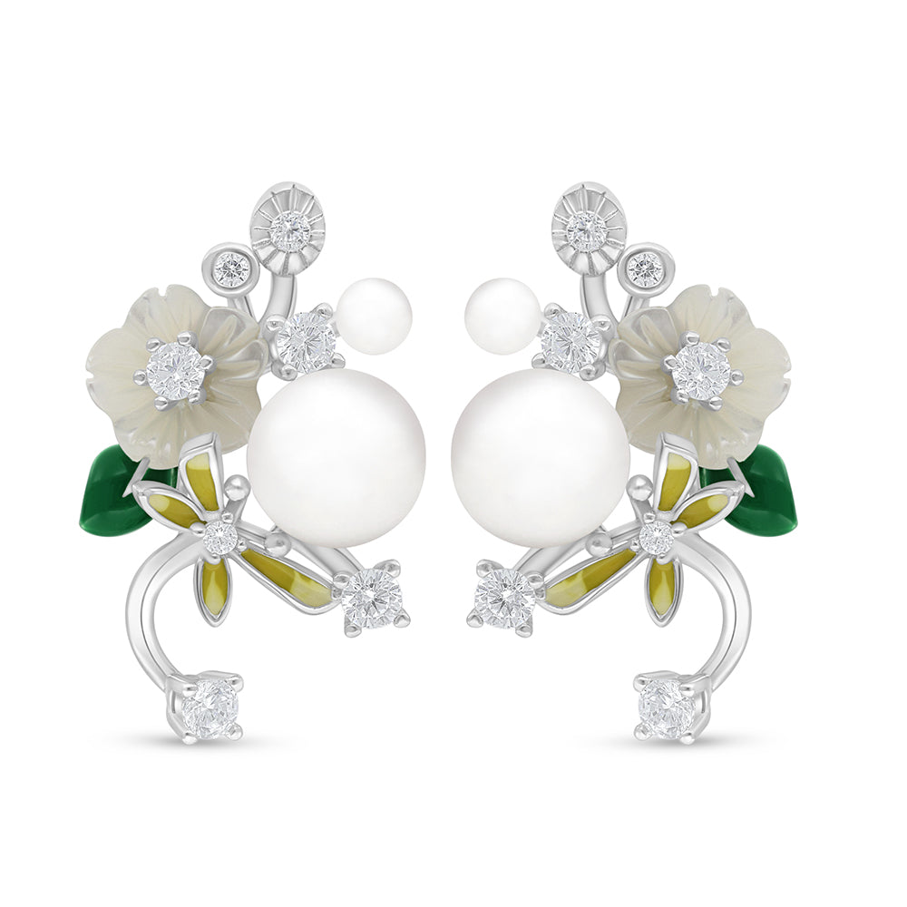 Sterling Silver 925 Earring Rhodium Plated Embedded With Natural White Pearl And White Shell And White Zircon