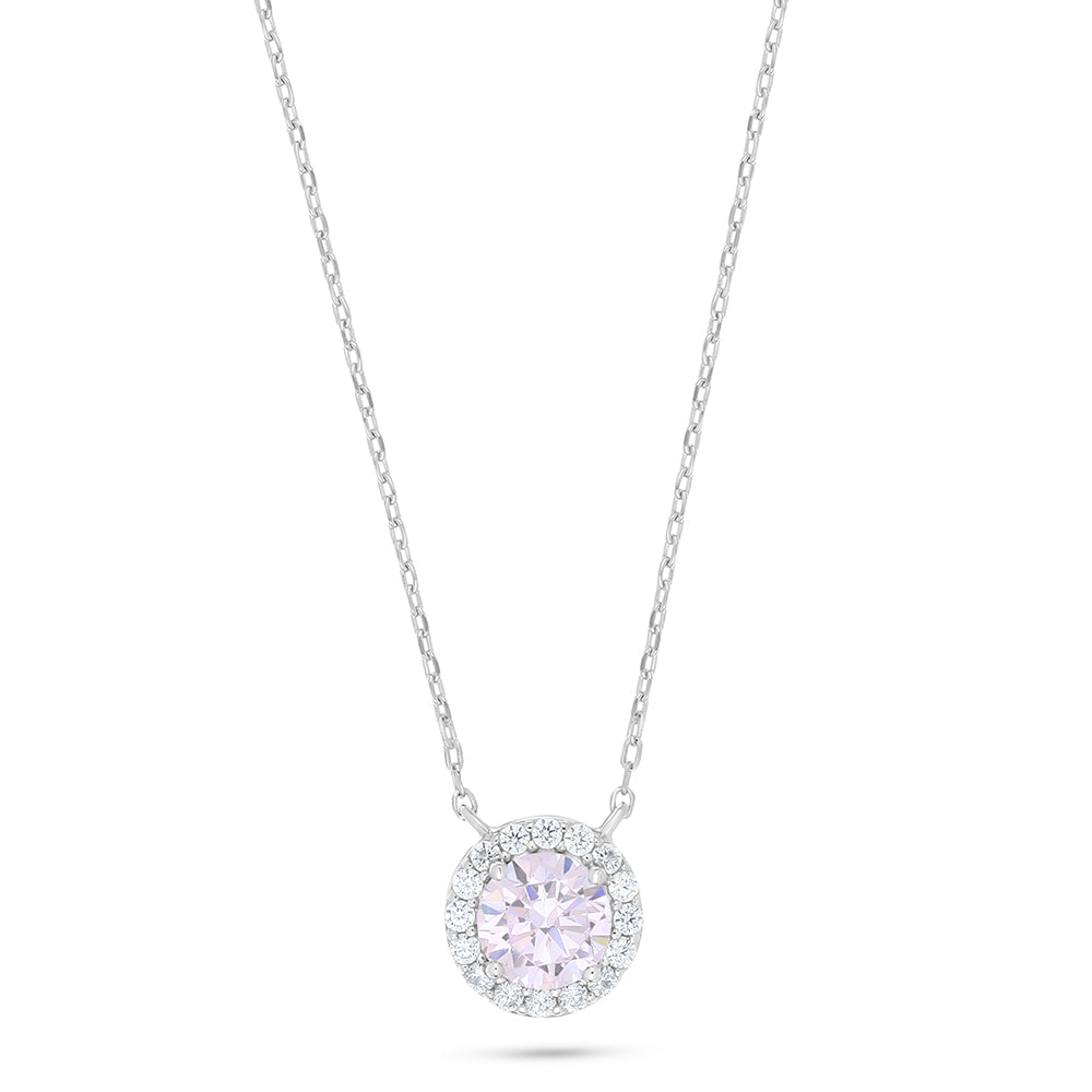 Sterling Silver 925 Necklace Rhodium Plated Embedded With Pink Zircon And White Zircon