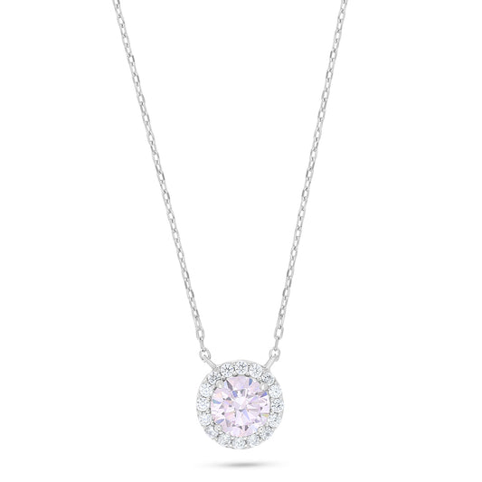 Sterling Silver 925 Necklace Rhodium Plated Embedded With Pink Zircon And White Zircon