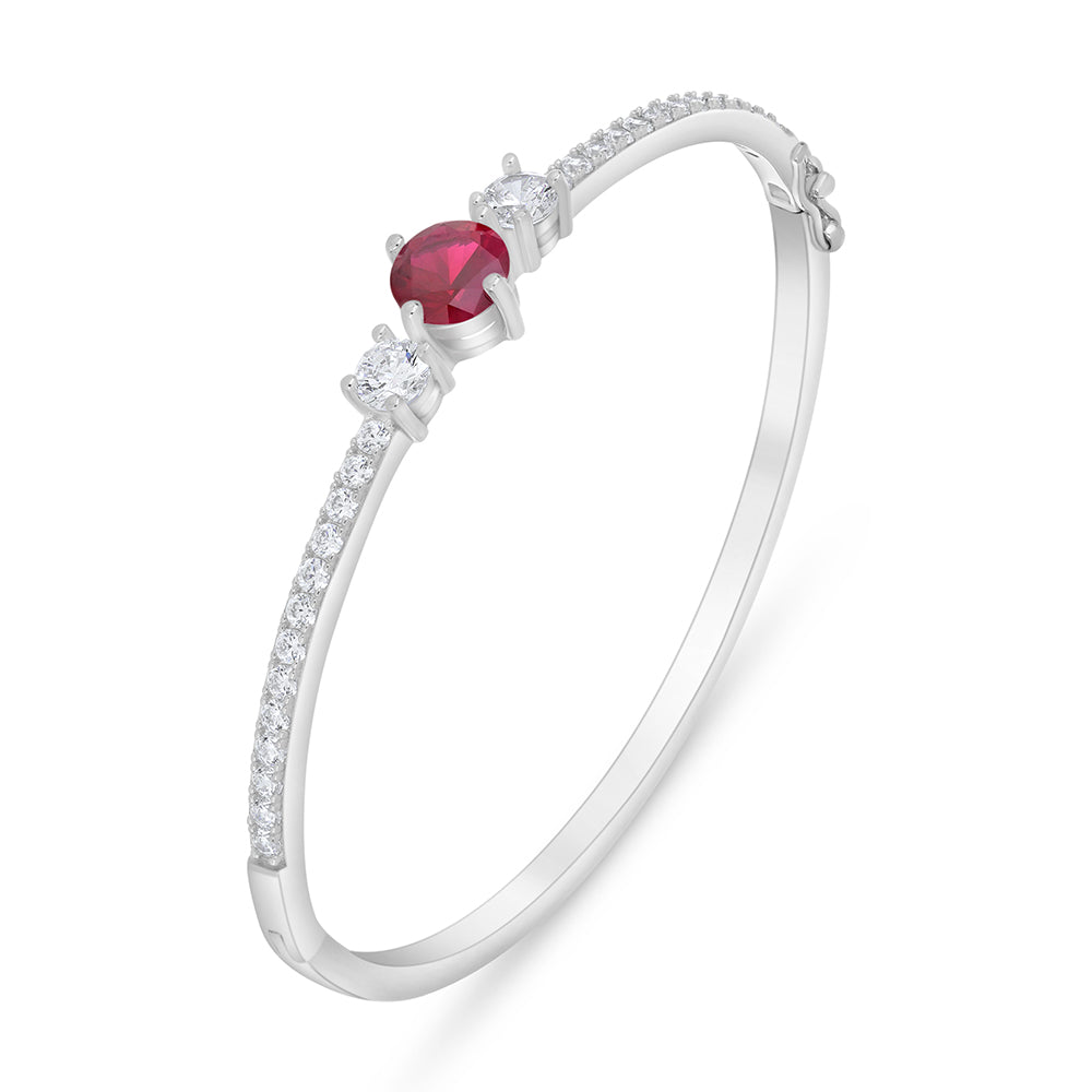 Sterling Silver 925 Bangle Rhodium Plated Embedded With Ruby Corundum And White Zircon ( 48*54 )