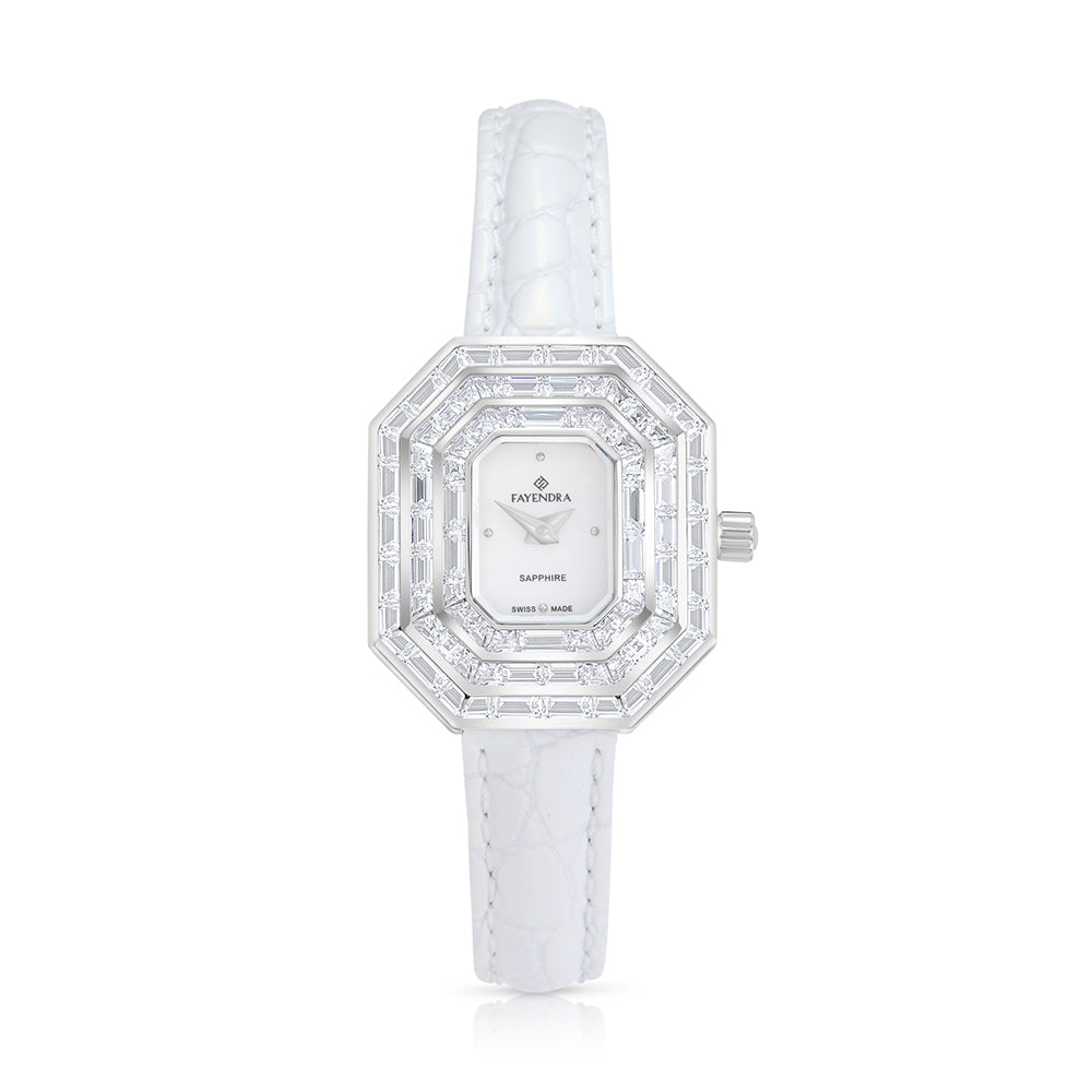 Stainless Steel 316L Watch Silver Color White Leather Embedded With White Zircon - WHITE MOP DIAL