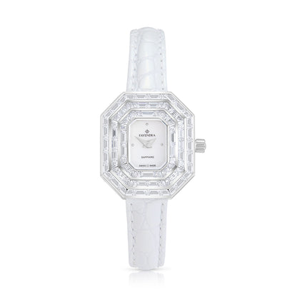 Stainless Steel 316L Watch Silver Color White Leather Embedded With White Zircon - WHITE MOP DIAL