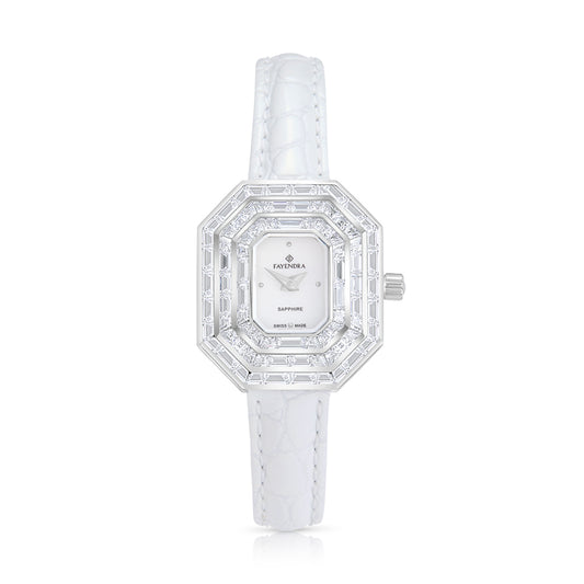 ساعة ستانلس ستيل عيار L316 بلون فضي جلد ابيض و فص ابيض - مينا حجر صدف ام اللالئ الأبيض