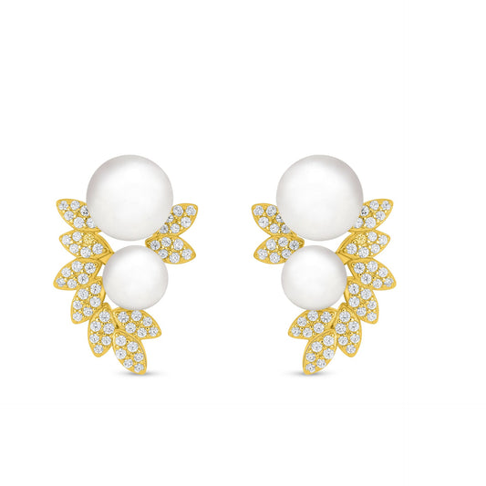 Sterling Silver 925 Earring Golden Plated Embedded With Natural White Pearl And White Zircon