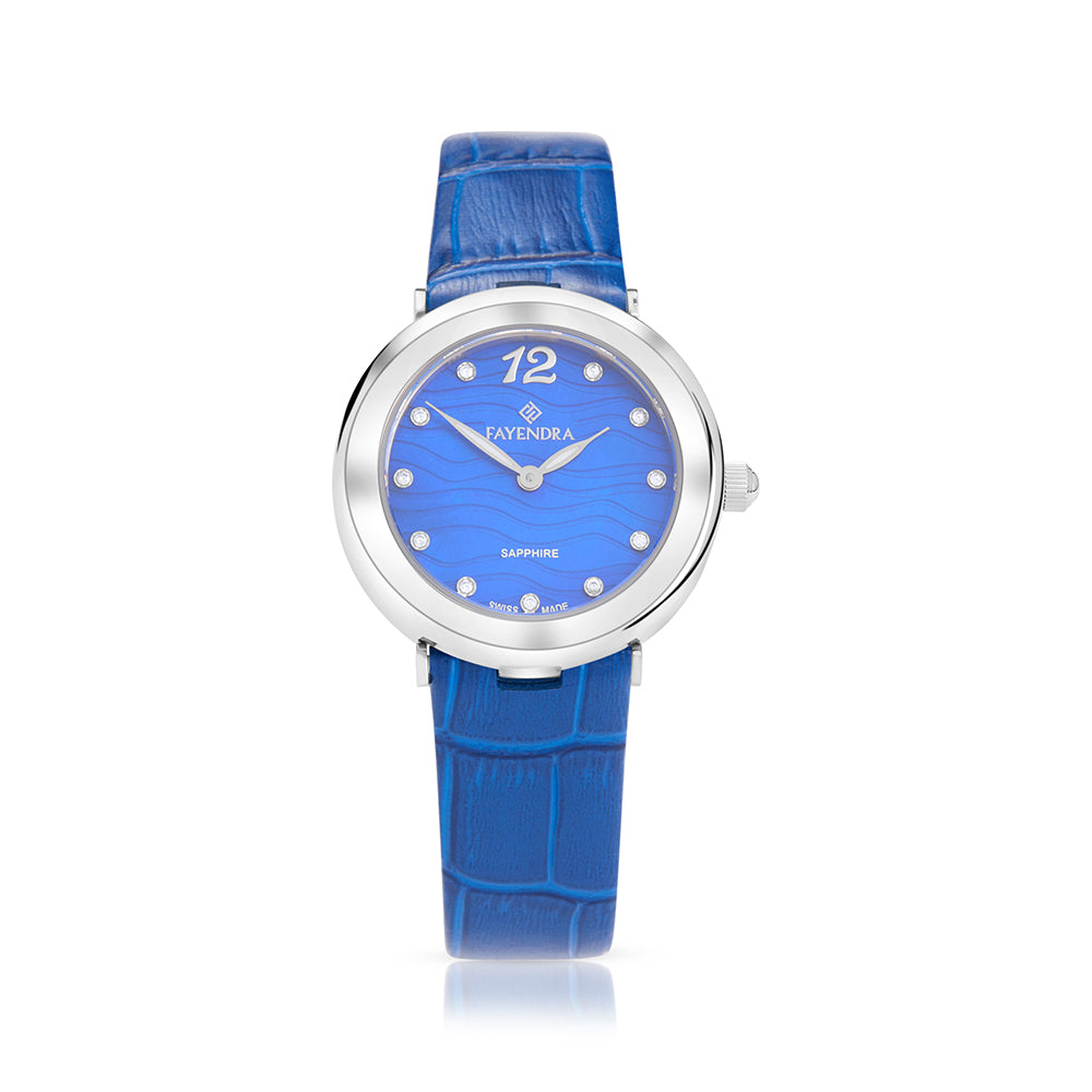 Stainless Steel 316L Watch Silver Color Blue Leather And White Zircon - BLUE MOP DIAL