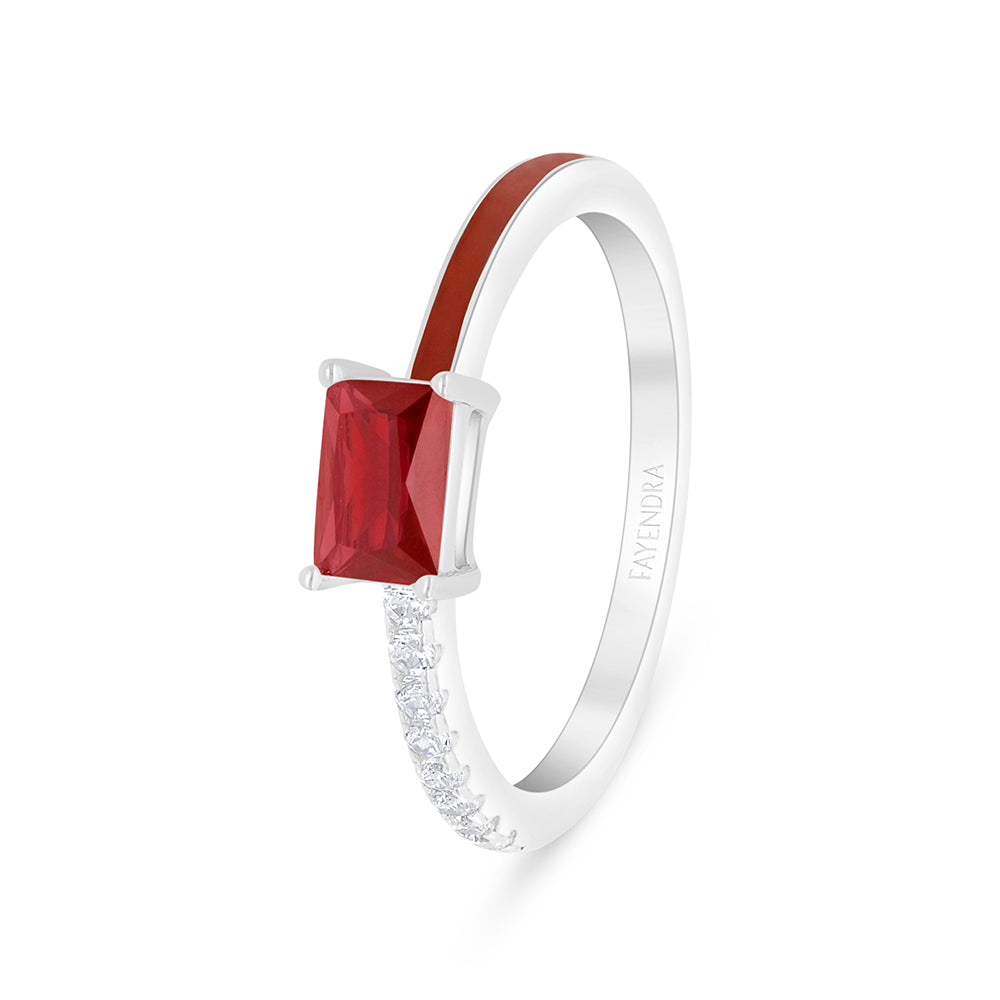 خاتم من الفضة الخالصة عيار 925 مطلي روديوم مرصع ياقوت كروندوم و انميل احمر و فص ابيض