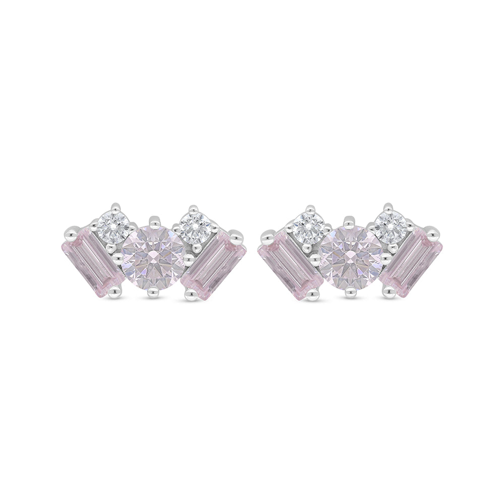 Sterling Silver 925 Earring Rhodium Plated Embedded With Pink Zircon And White Zircon
