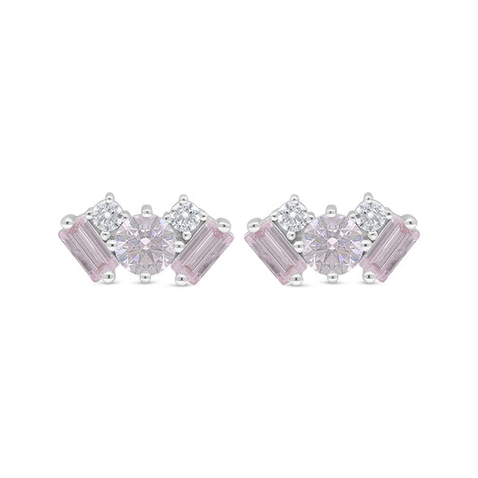 Sterling Silver 925 Earring Rhodium Plated Embedded With Pink Zircon And White Zircon