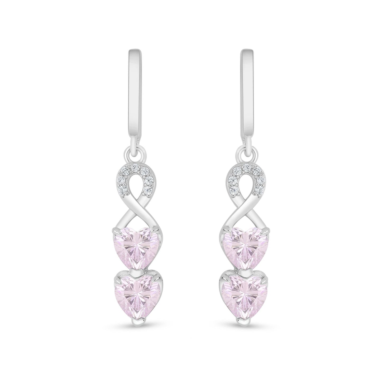 Sterling Silver 925 Earring Rhodium Plated Embedded With pink Zircon And White Zircon