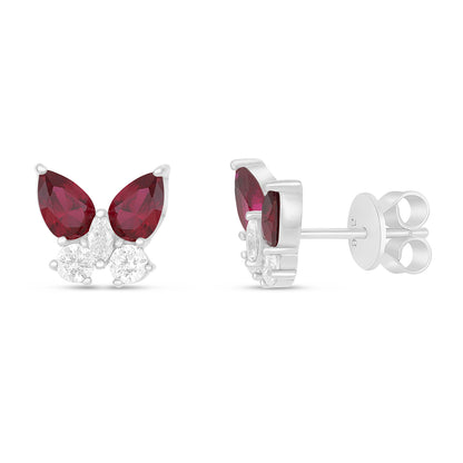 Sterling Silver 925 Earring Rhodium Plated Embedded With Ruby Corundum And White Zircon