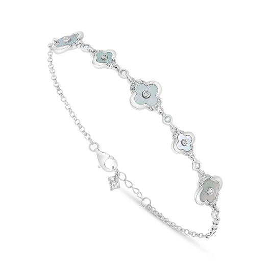 Sterling Silver 925 Bracelet Rhodium Plated Embedded With White Shell And White Zircon