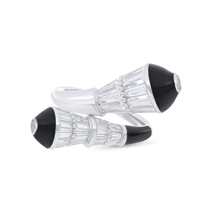Sterling Silver 925 Ring Rhodium Plated Embedded With Black Enamel And White Zircon