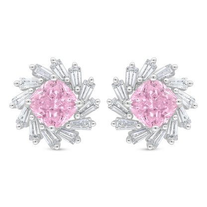 Sterling Silver 925 Earring Rhodium Plated Embedded With Pink Zircon And White Zircon