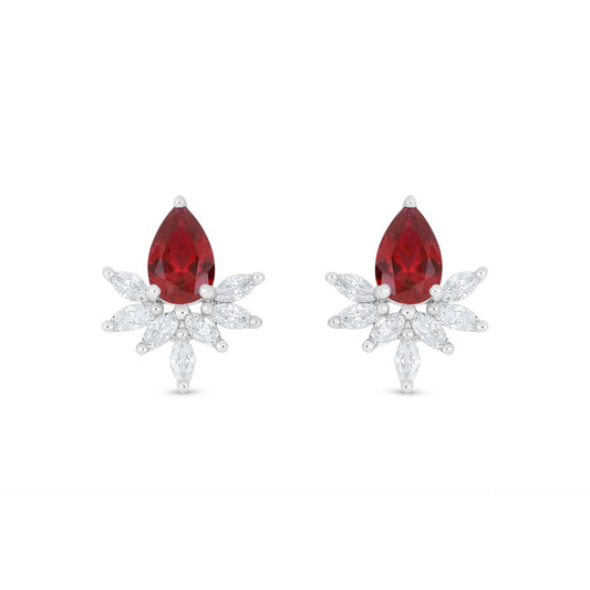 Sterling Silver 925 Earring Rhodium Plated Embedded With Ruby Corundum And White Zircon