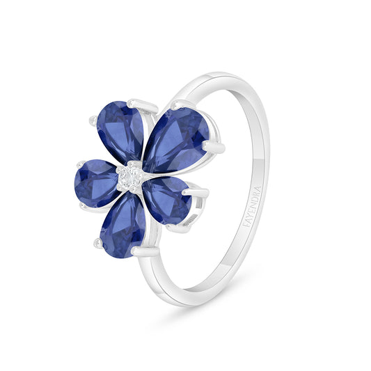 Sterling Silver 925 Ring Rhodium Plated Embedded With Sapphire Corundum And White Zircon