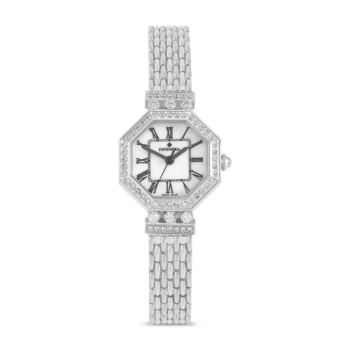 Stainless Steel 316L Watch Silver Color And White Zircon Anb Black Markers - WHITE MOP DIAL
