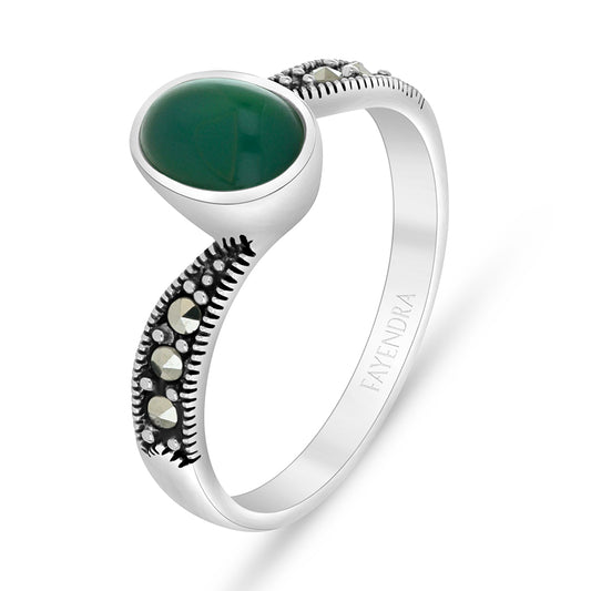 Sterling Silver 925 Ring Embedded With Natural Green Agate And Marcasite Stones