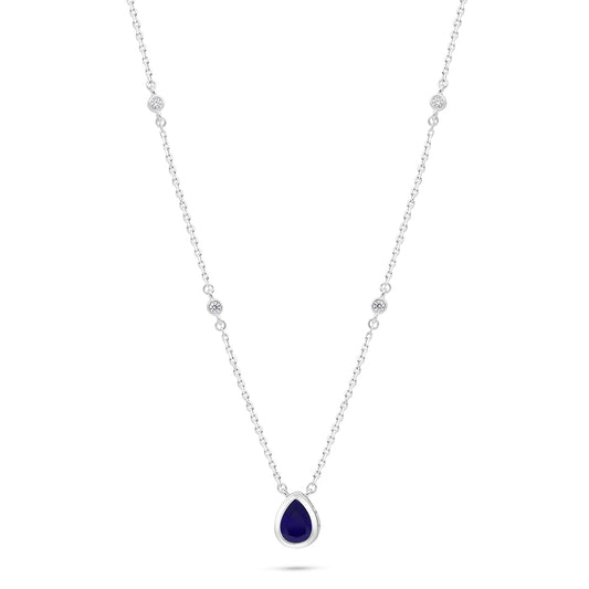 Sterling Silver 925 Necklace Rhodium Plated Embedded With Sapphire Corundum And White Zircon
