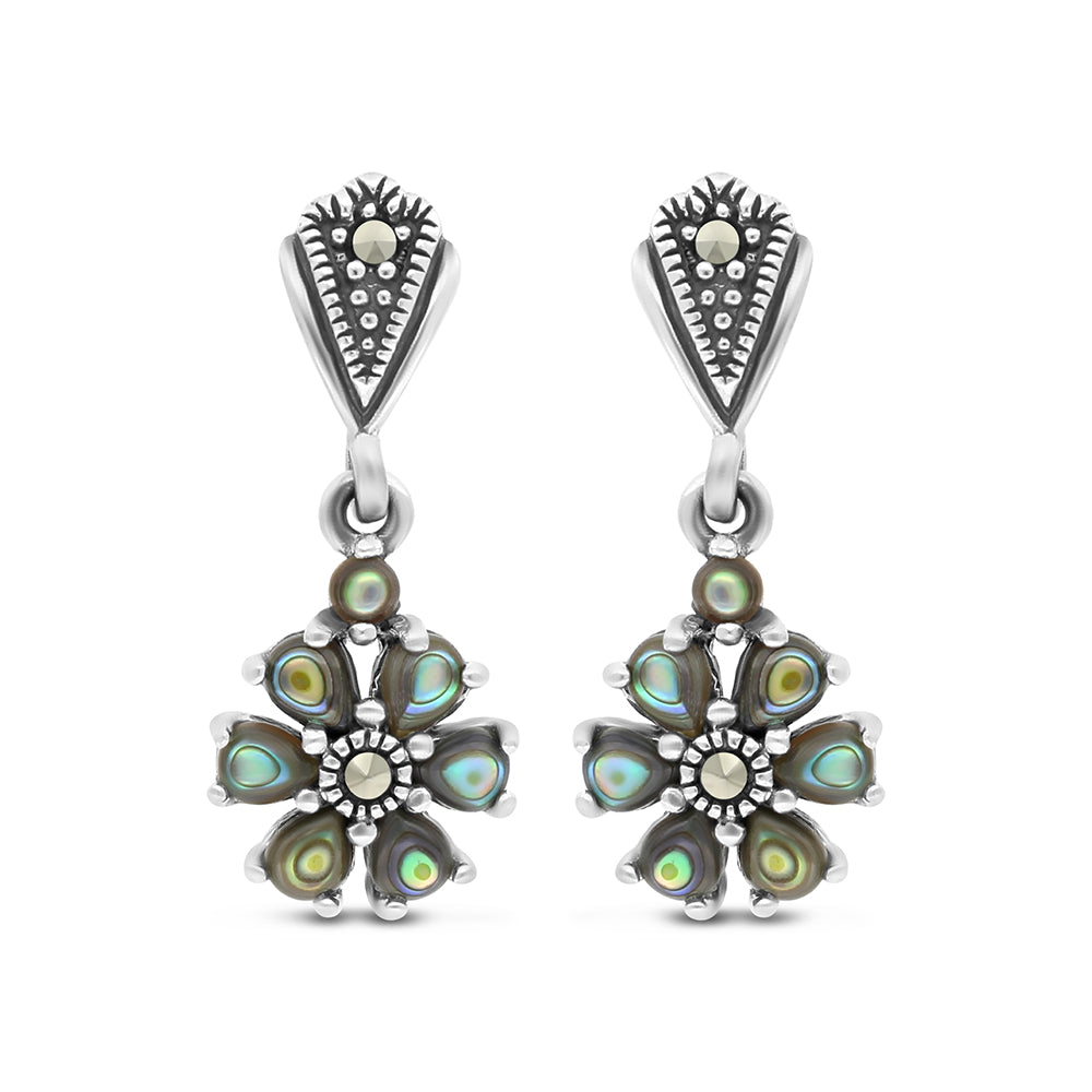 Sterling Silver 925 Earring Embedded With Natural Blue Shell And Marcasite Stones