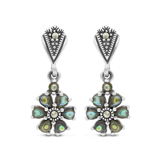 Sterling Silver 925 Earring Embedded With Natural Blue Shell And Marcasite Stones