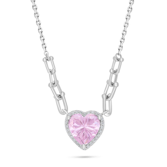 Sterling Silver 925 Necklace Rhodium Plated Embedded With Pink Zircon And White Zircon