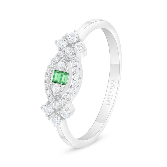 Sterling Silver 925 Ring Rhodium Plated Embedded With Emerald Zircon And White Zircon