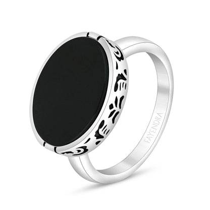 Sterling Silver 925 Ring Rhodium And Black Plated Embedded With Black Agate For Men