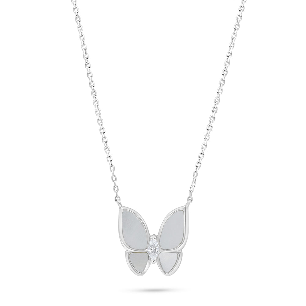 Sterling Silver 925 Necklace Rhodium Plated Embedded With White Shell And White Zircon