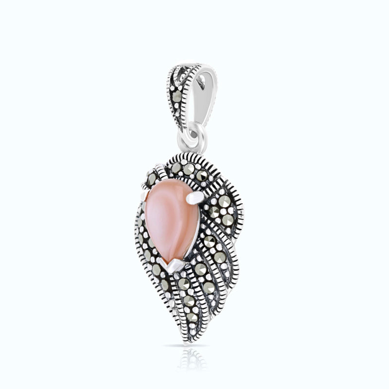 Sterling Silver 925 Pendant Embedded With Natural Pink Shell And Marcasite Stones