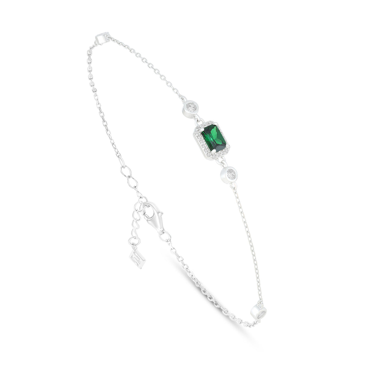 Sterling Silver 925 Bracelet Rhodium Plated Embedded With Emerald Zircon And White Zircon