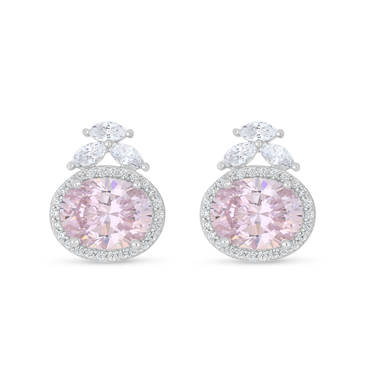 Sterling Silver 925 Earring Rhodium Plated Embedded With pink Zircon And White Zircon