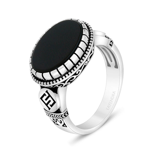 Sterling Silver 925 Ring Rhodium And Black Plated Embedded With Black Agate For Men