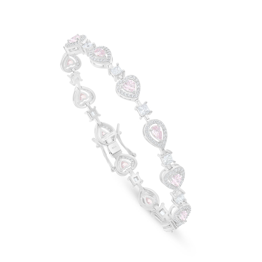 Sterling Silver 925 Bracelet Rhodium Plated Embedded With pink Zircon And White Zircon