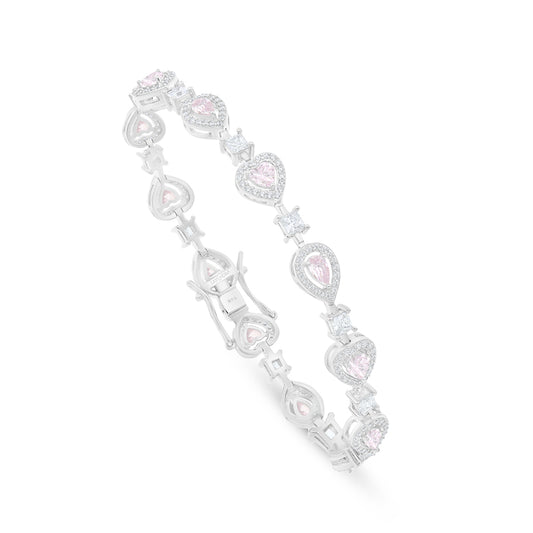 Sterling Silver 925 Bracelet Rhodium Plated Embedded With pink Zircon And White Zircon