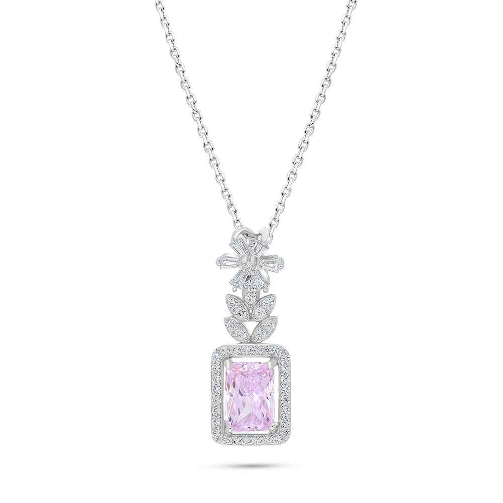 Sterling Silver 925 Necklace Rhodium Plated Embedded With Pink Zircon And White Zircon