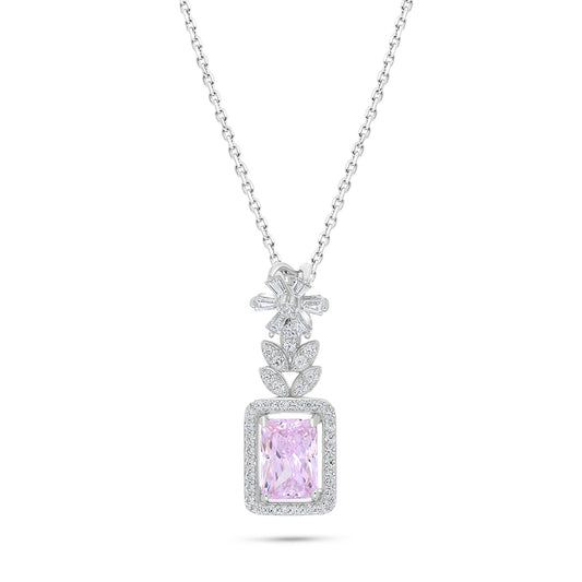Sterling Silver 925 Necklace Rhodium Plated Embedded With Pink Zircon And White Zircon
