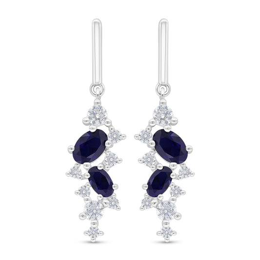 Sterling Silver 925 Earring Rhodium Plated Embedded With Sapphire Corundum And White Zircon