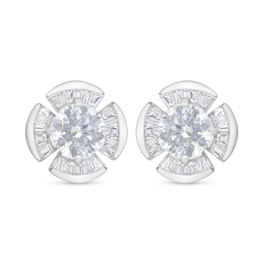 Sterling Silver 925 Earring Rhodium Plated Embedded With White Zircon