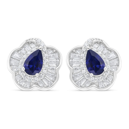 Sterling Silver 925 Earring Rhodium Plated Embedded With Sapphire Corundum And White Zircon