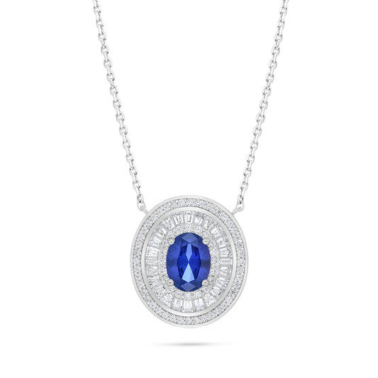 Sterling Silver 925 Necklace Rhodium Plated Embedded With Sapphire Corundum And White Zircon