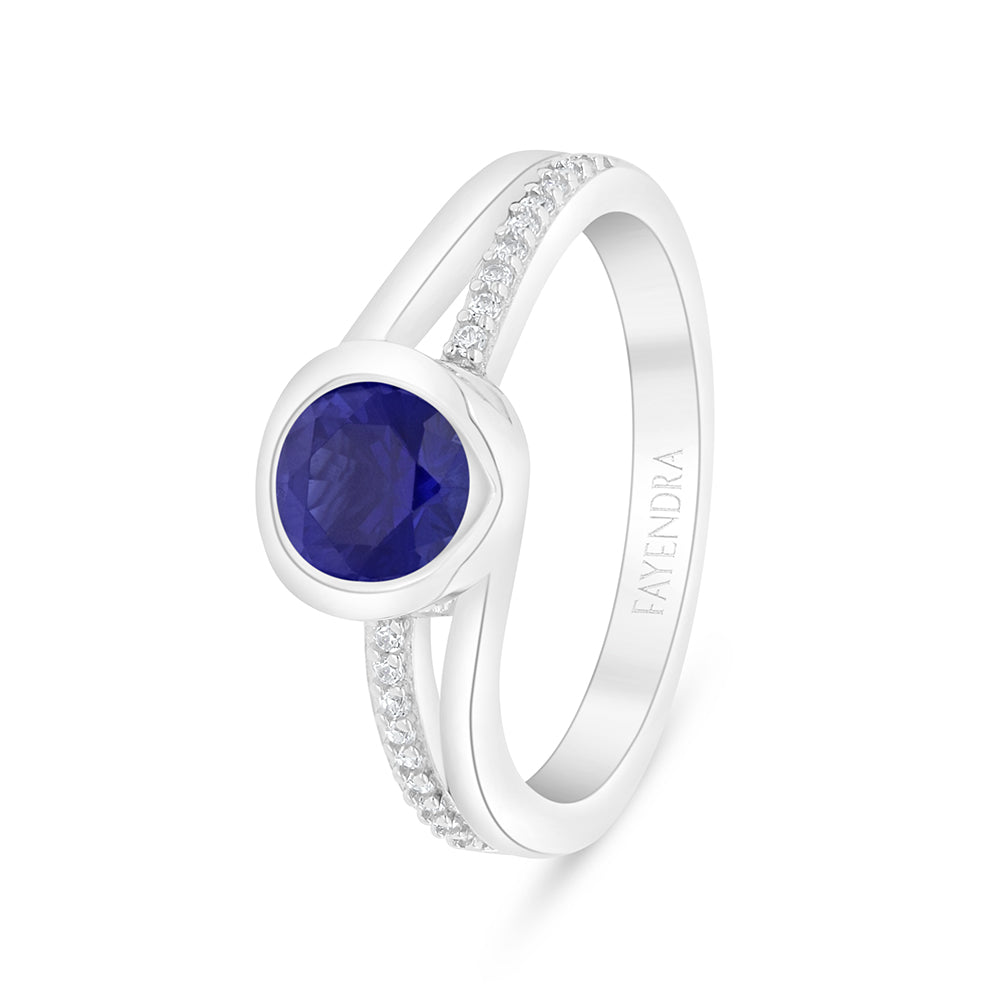 Sterling Silver 925 Ring Rhodium Plated Embedded With Sapphire Corundum And White Zircon