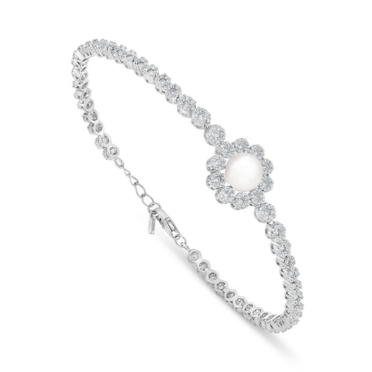 Sterling Silver 925 Bracelet Rhodium Plated Embedded With Natural White Pearl And White Zircon