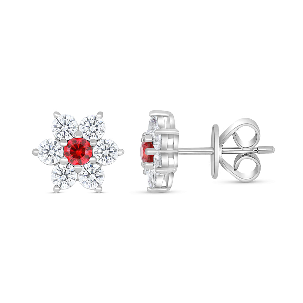 Sterling Silver 925 Earring Rhodium Plated Embedded With Ruby Corundum And White Zircon