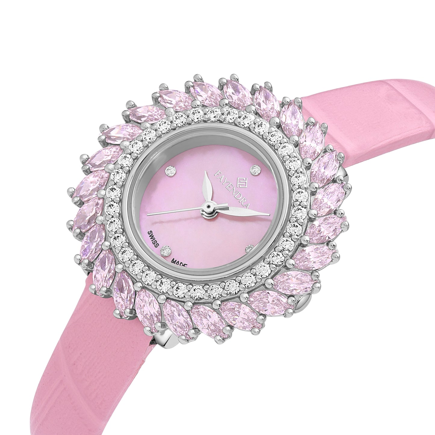 Stainless Steel 316 Watch Silver Color Pink Leather Embedded With Pink Zircon And White Zircon - PINK MOP DIAL