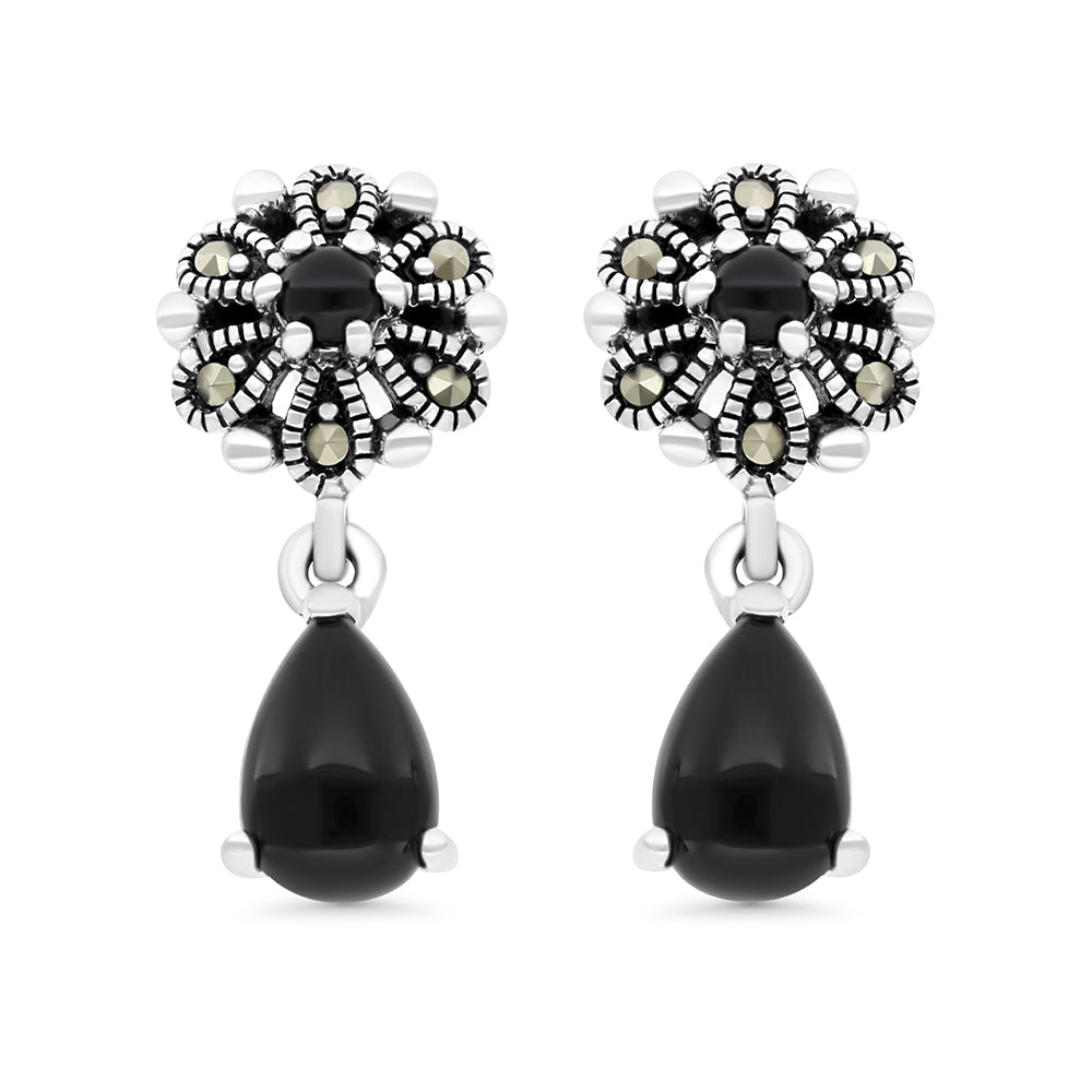 Sterling Silver 925 Earring Embedded With Natural Black Agate And Marcasite Stones