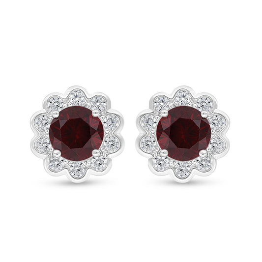 Sterling Silver 925 Earring Rhodium Plated Embedded With Ruby Corundum And White Zircon