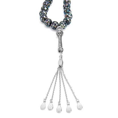 سبحة 33 مطعم احجار صدف استرالي بيلية 10 مم طقم ستانلس ستيل عيار 316L مطلى فضي واسود